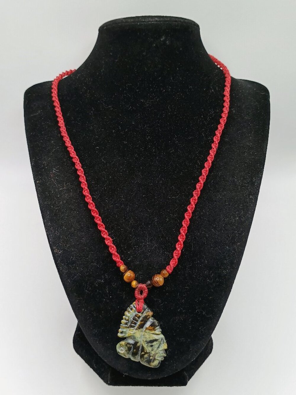 Red Macrame Necklace with Carved Natural Stone Pendant